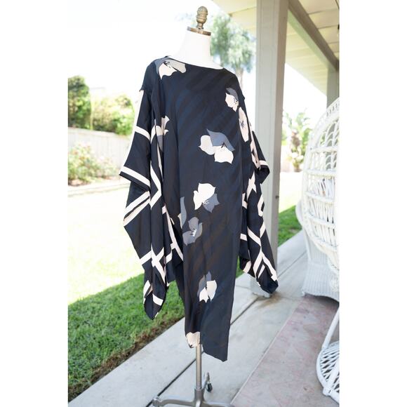 100% Vintage Mod Kaftan Dress Long Sleeve Black Floral Flowy - Picture 5 of 9